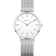 Silberne BERING Armbanduhr mit minimalistischem weißem Zifferblatt und Mesh-Armband, von oben betrachtet.