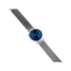 BERING wristwatch with blue dial face, silver case, and mesh metal strap, shown at an angle.