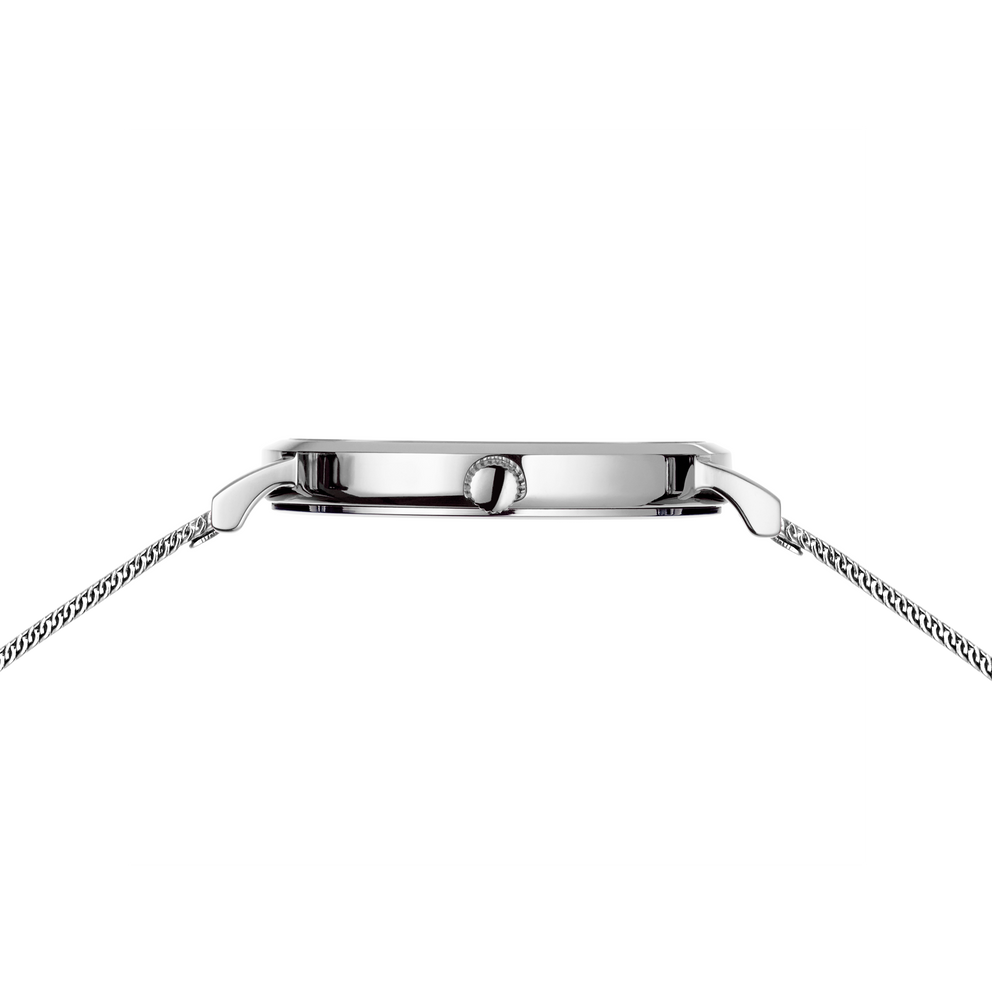 Watch with rectangular case and mesh metal bracelet, side view