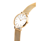 Rose gold-tone watch with round case, white dial and minimalist hour markers, angled view with mesh band