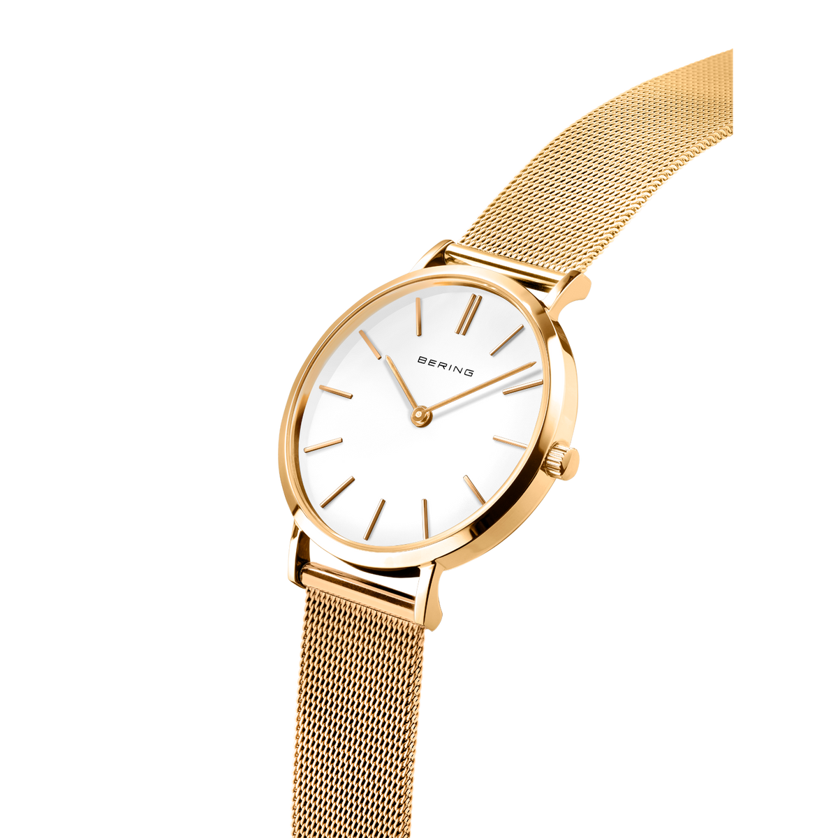 Rose gold-tone watch with round case, white dial and minimalist hour markers, angled view with mesh band