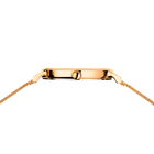 Side profile of rectangular gold-tone watch case with matching mesh band