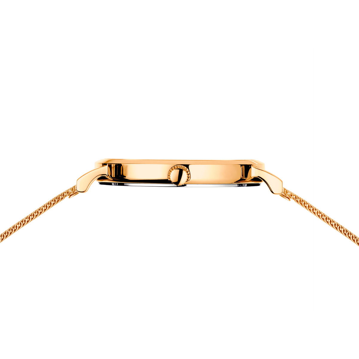 Side profile of rectangular gold-tone watch case with matching mesh band