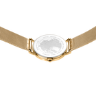 Caseback view with transparent display revealing the mechanical movement; gold-tone case and mesh band.