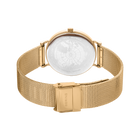 Gold mesh bracelet watch shown from back, displaying textured dial and rectangular branded clasp