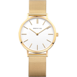 Reloj BERING dorado con esfera blanca, índices finos y pulsera de malla. Vista frontal.