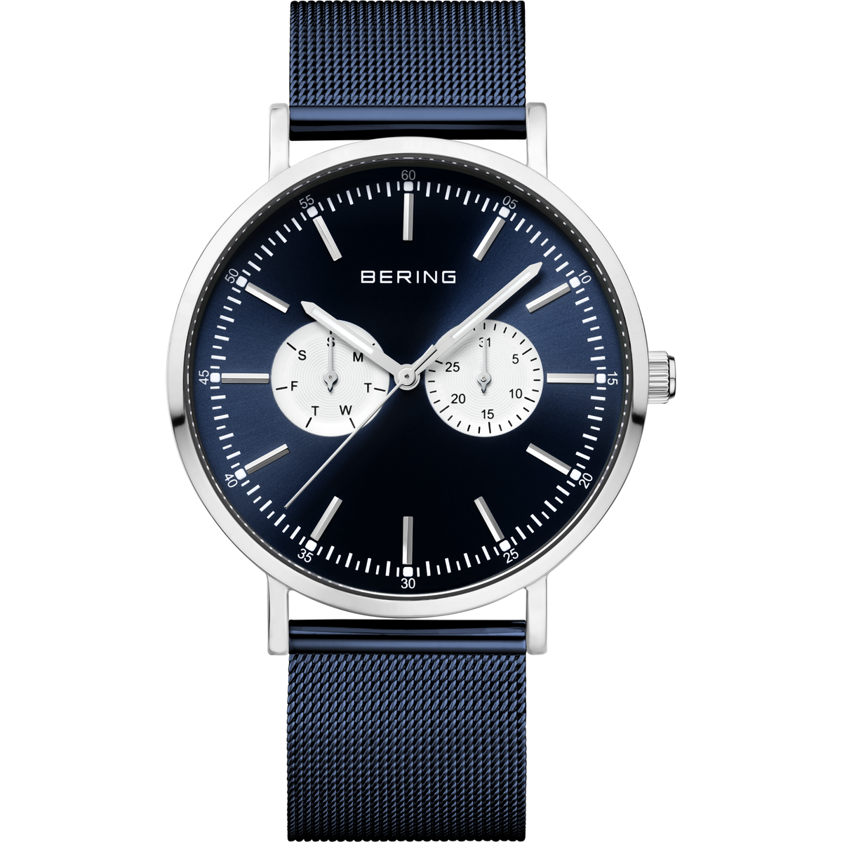 BERING polshorloge met donkerblauwe wijzerplaat, witte subdials, witte indexen en donkerblauwe textielband.