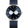 BERING polshorloge met donkerblauwe wijzerplaat, witte subdials, witte indexen en donkerblauwe textielband.