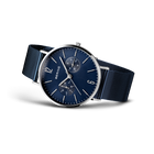 BERING wristwatch with blue dial and navy mesh band, angled view