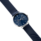 BERING wristwatch with dark blue mesh strap, silver-tone round case, and dark blue dial with white indices, shown at diagonal angle
