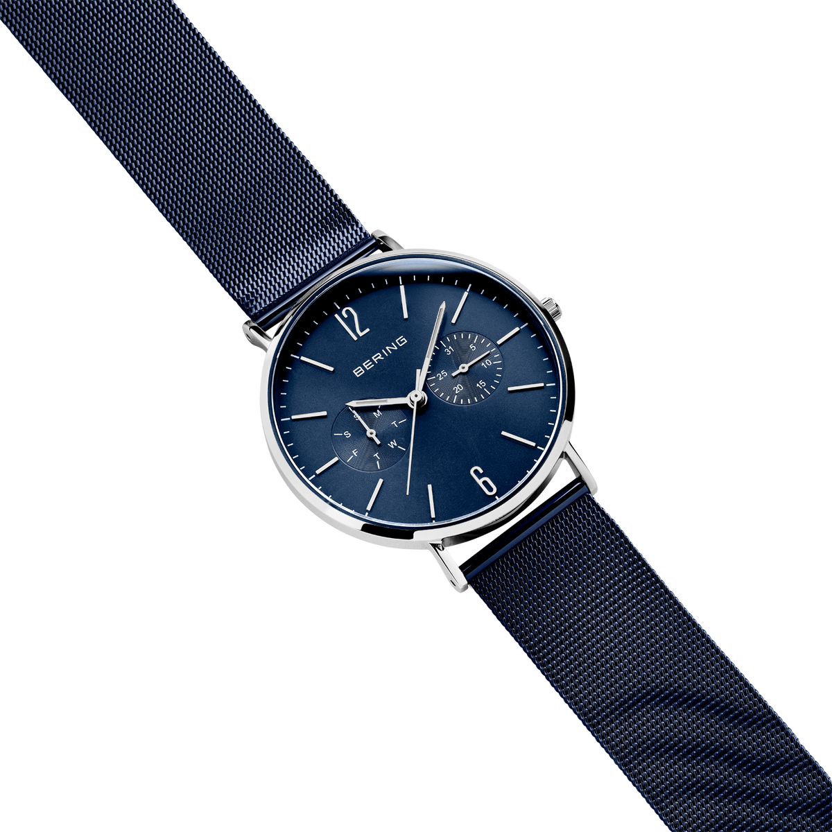 BERING wristwatch with dark blue mesh strap, silver-tone round case, and dark blue dial with white indices, shown at diagonal angle