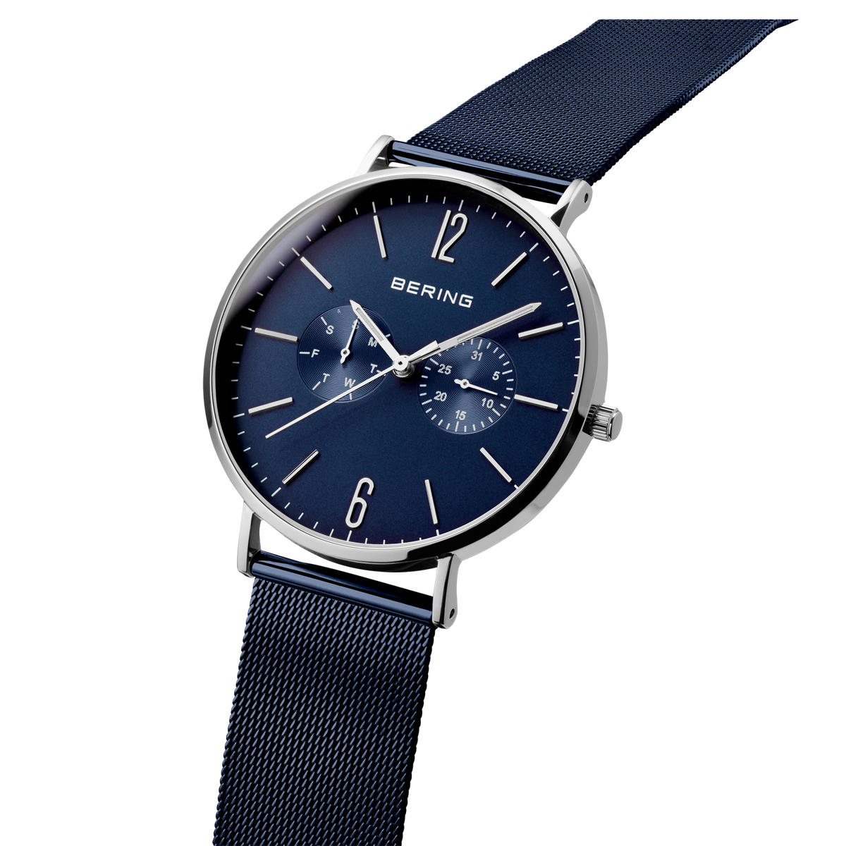 BERING wristwatch with dark blue dial, silver case, and black woven fabric strap, angled view showing dial and band.