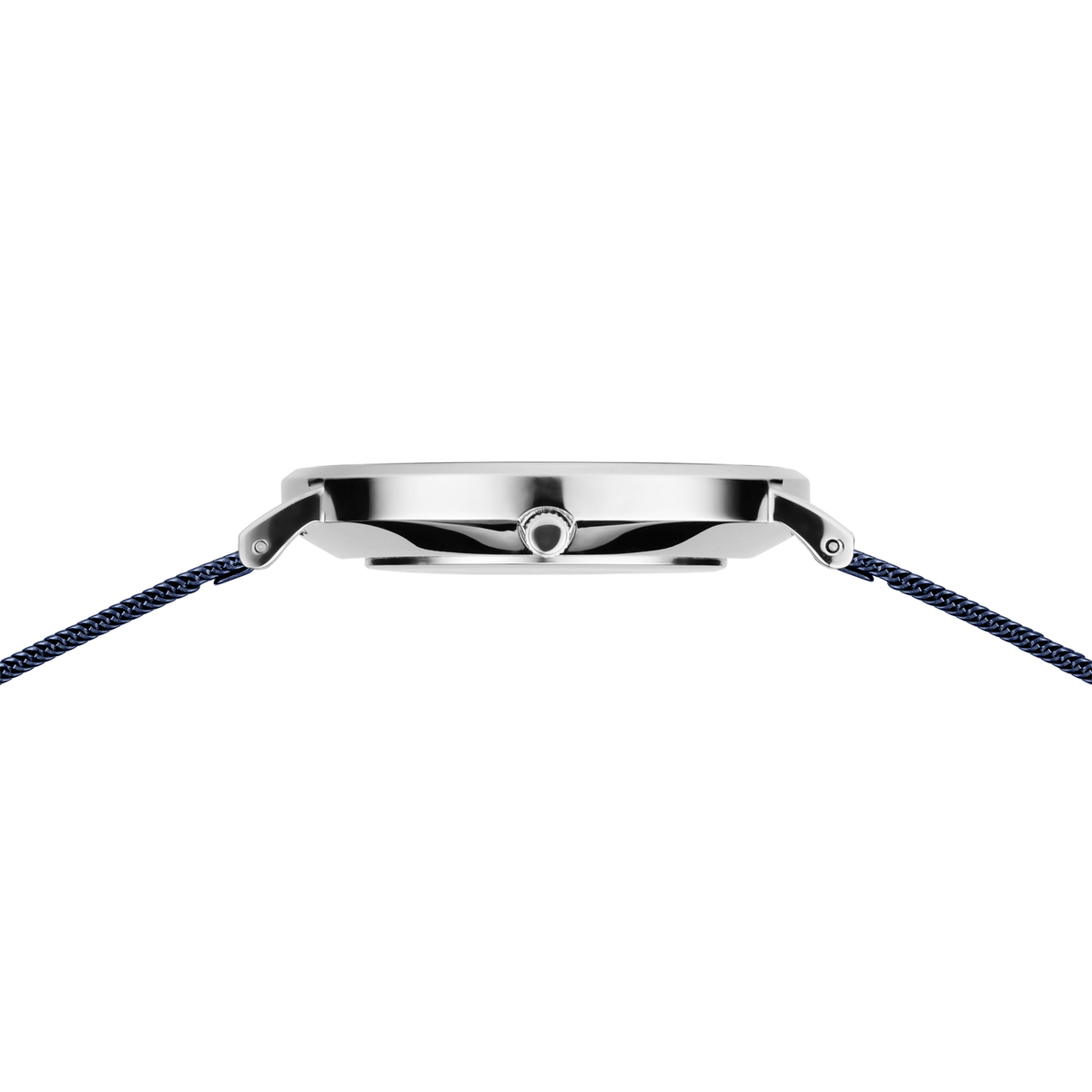 Watch shown from the side with polished case edge and navy woven textile strap on lugs