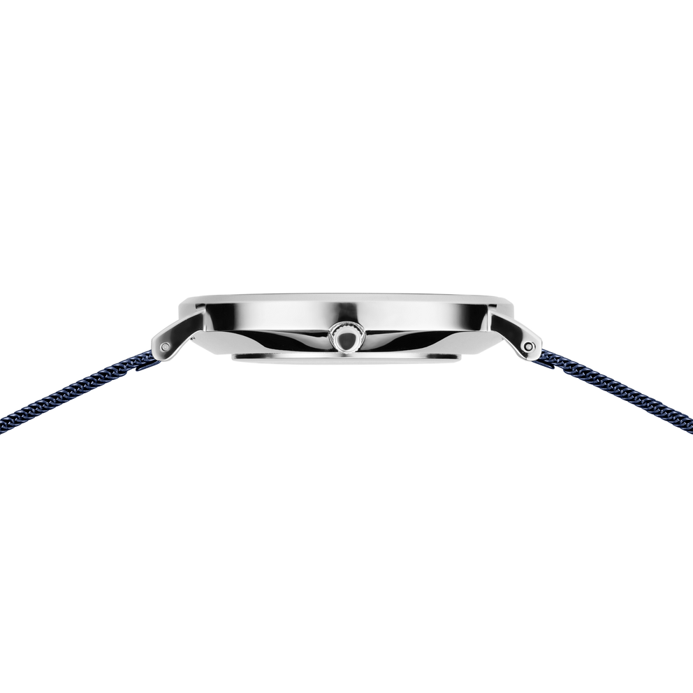 Watch shown from the side with polished case edge and navy woven textile strap on lugs