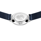 Wristwatch with silver case and black textile strap, rear view showing case construction and strap attachment details.