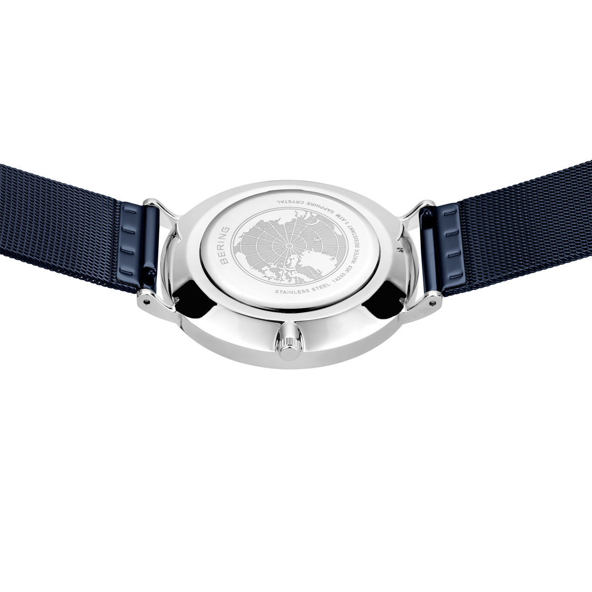 Wristwatch with silver case and black textile strap, rear view showing case construction and strap attachment details.