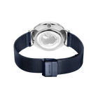 Back view of wristwatch with silver stainless steel case and dark blue mesh band, crown visible at top.