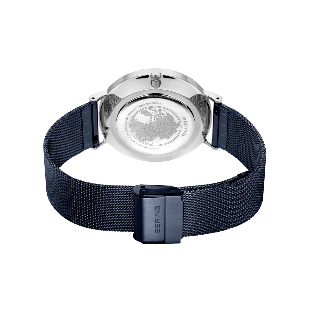 Back view of wristwatch with silver stainless steel case and dark blue mesh band, crown visible at top.