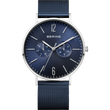 BERING horloge met donkerblauwe wijzerplaat, zilveren kast, twee subdraaiën en blauw mesh-bandje.