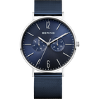 BERING wristwatch with navy dial, silver case, two subdials, and blue mesh strap.