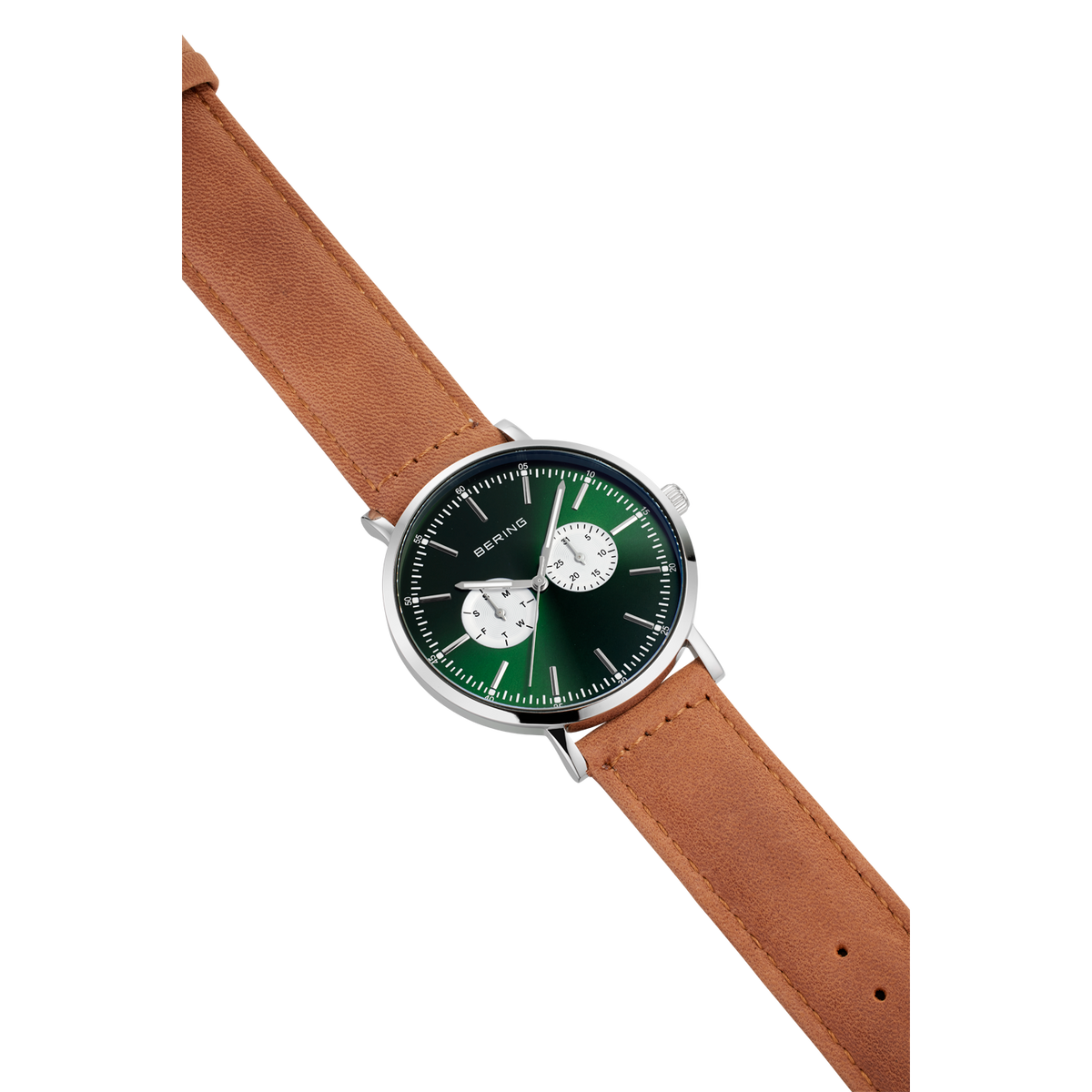 Reloj con esfera negra, marcadores y subdiales blancos, acentos verdes, correa de cuero marrón.