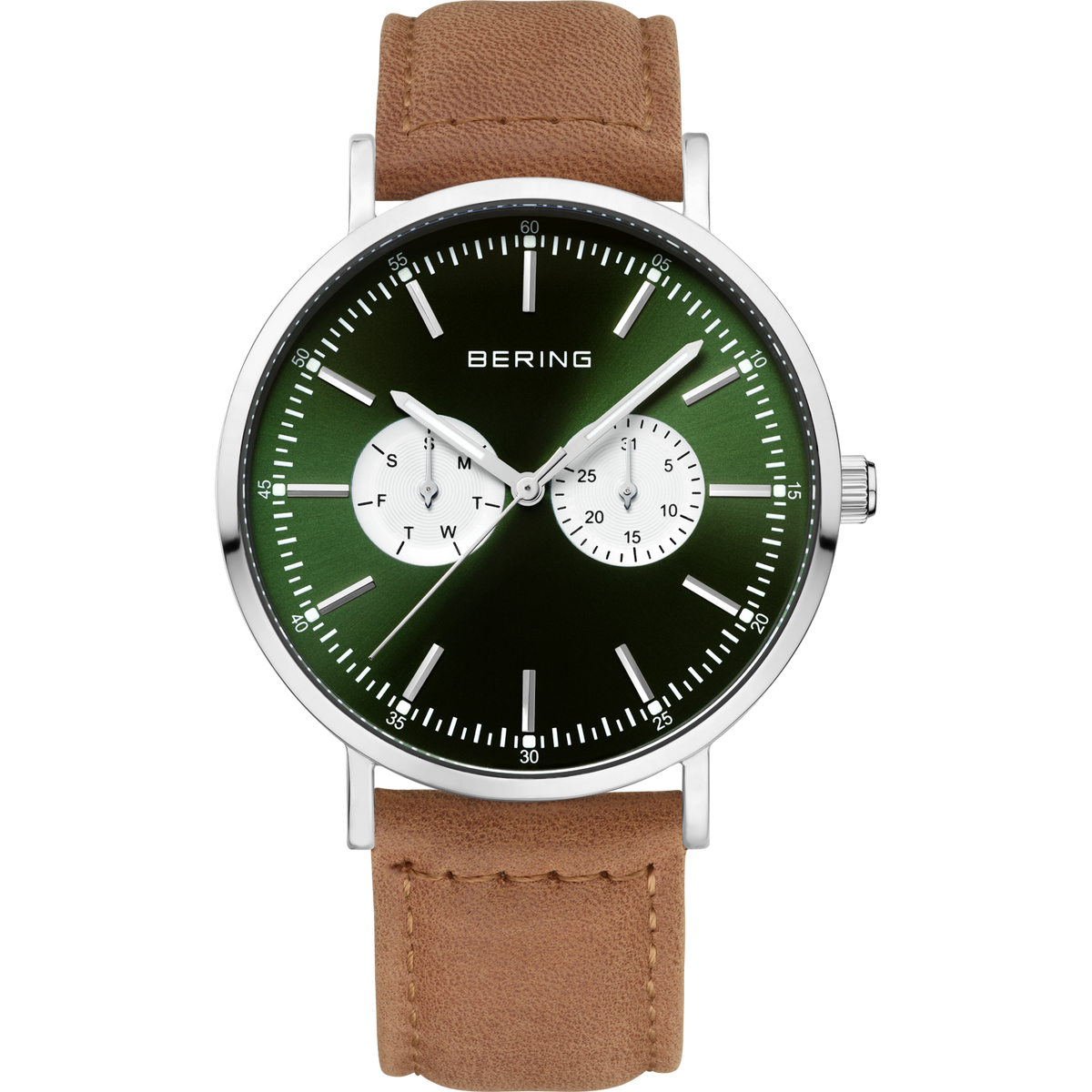 Reloj de pulsera BERING con esfera negra, agujas blancas, dos subdiales y correa de cuero marrón.