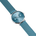 Wristwatch at an angle with teal mesh strap, silver case, blue dial, and chronograph subdials.