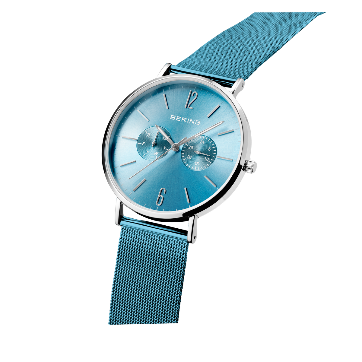 BERING watch with turquoise dial, silver case, and blue mesh band, tilted to display the bracelet.