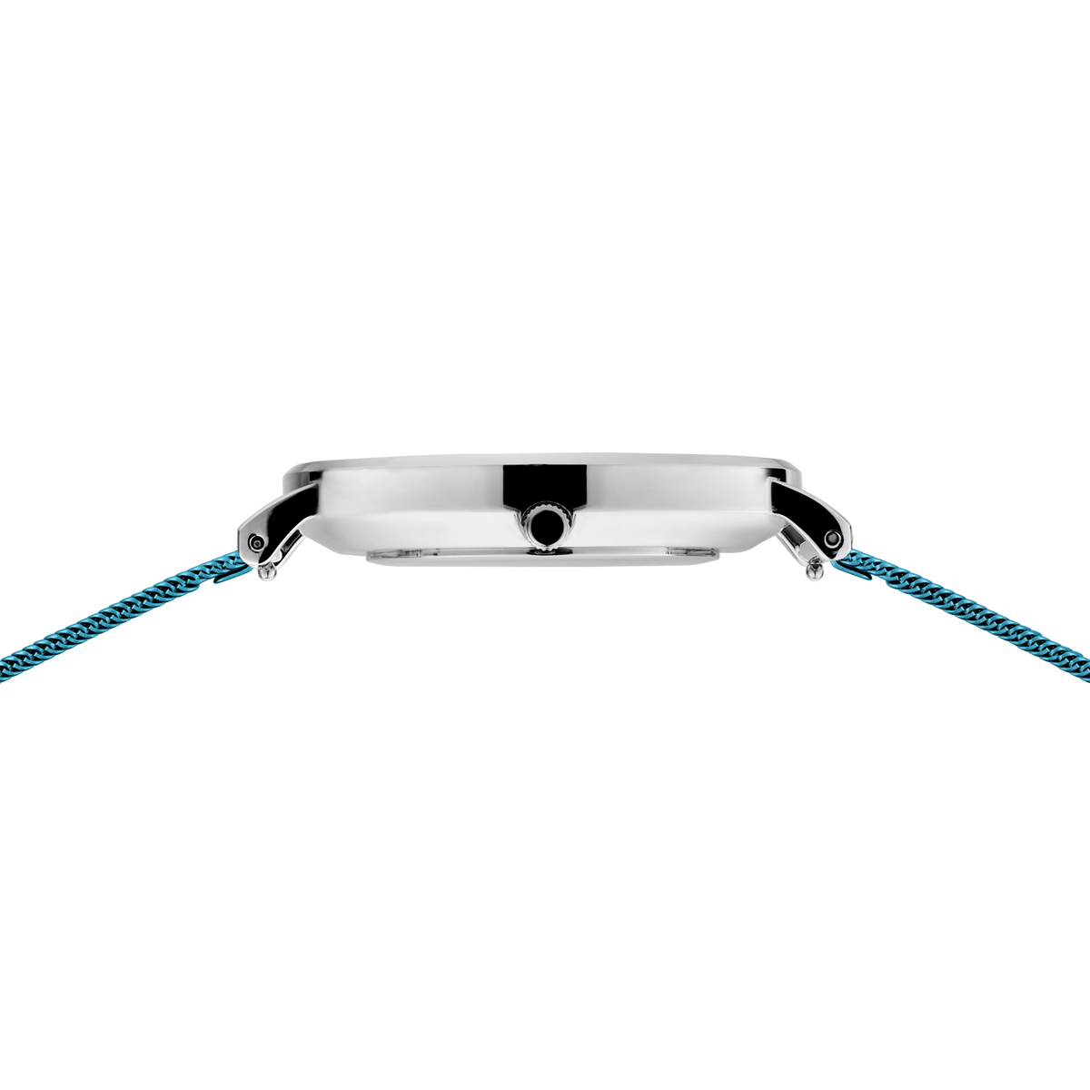 Round silver watch with black center detail and blue woven strap, viewed from above