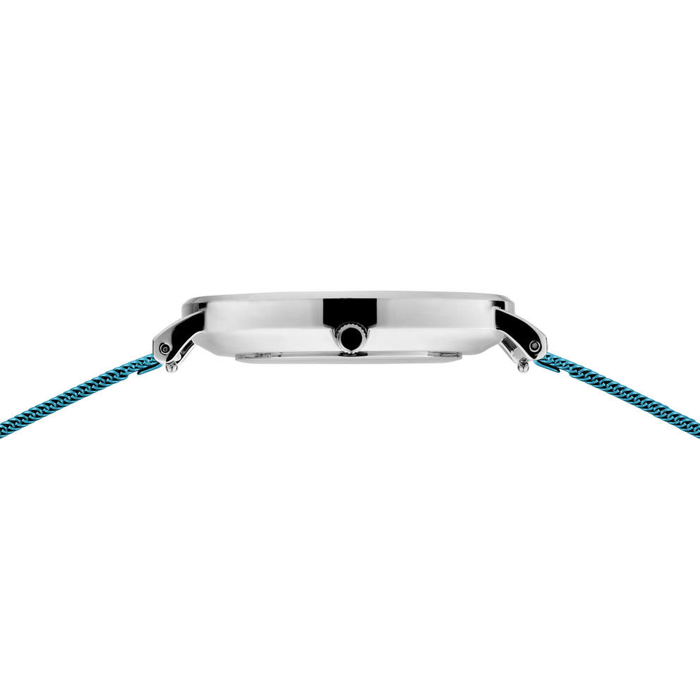Round silver watch with black center detail and blue woven strap, viewed from above