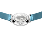 Wristwatch with silver round case and blue fabric strap, photographed from above.