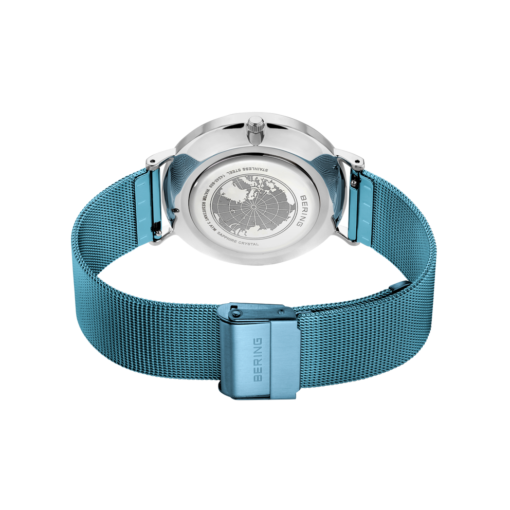 14240-809 watch with turquoise mesh band and stainless steel case, rear view