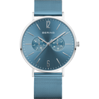 BERING chronograph with blue dial, subdials, silver indices, and blue mesh strap.