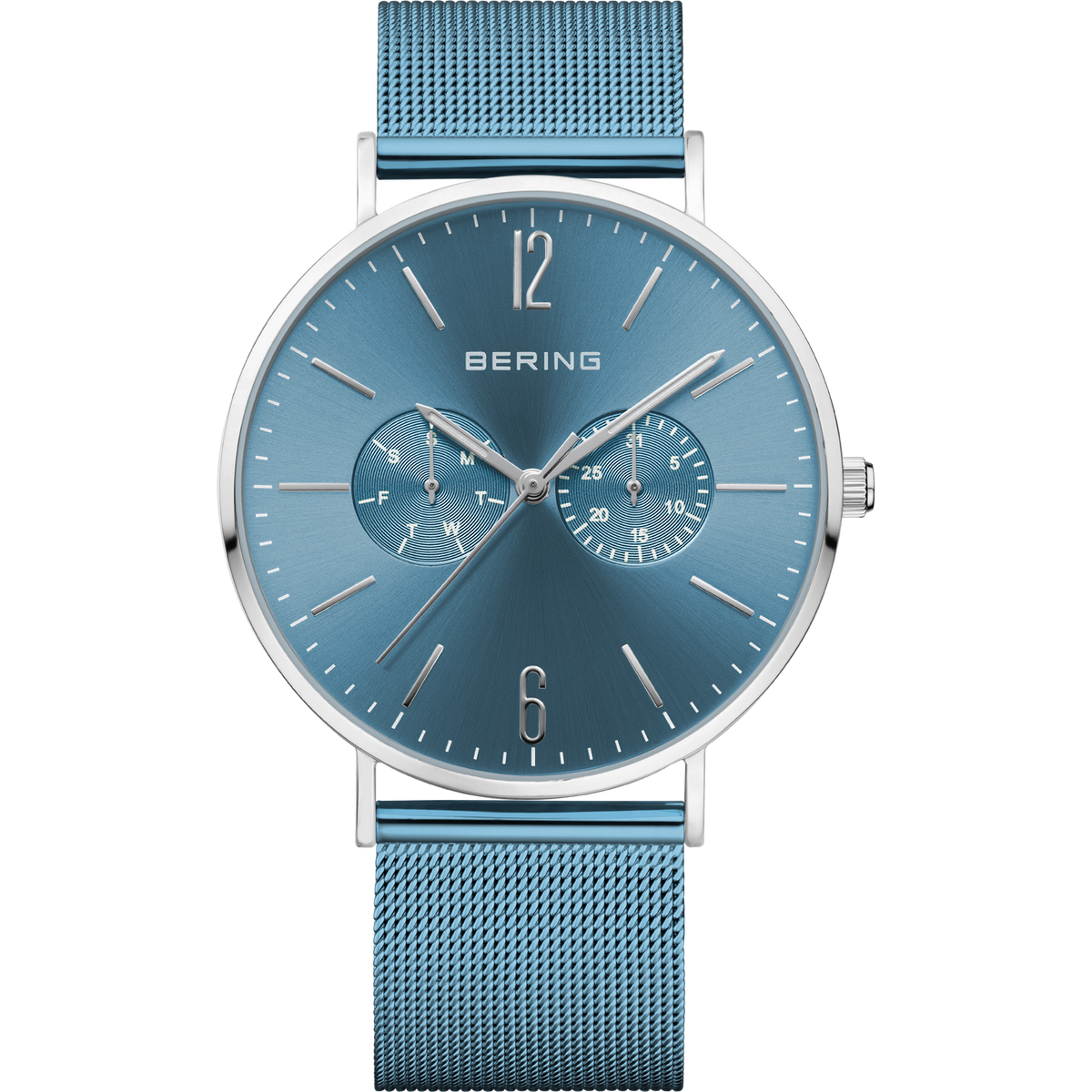 BERING chronograph with blue dial, subdials, silver indices, and blue mesh strap.