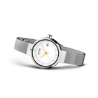 BERING watch model 14426 with white dial and metallic mesh strap, angled view of watch face and band