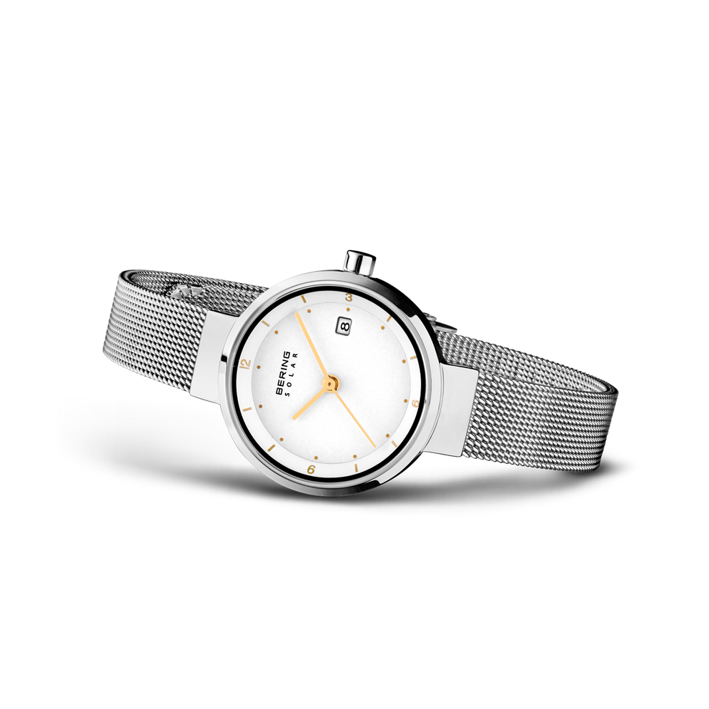 BERING watch model 14426 with white dial and metallic mesh strap, angled view of watch face and band