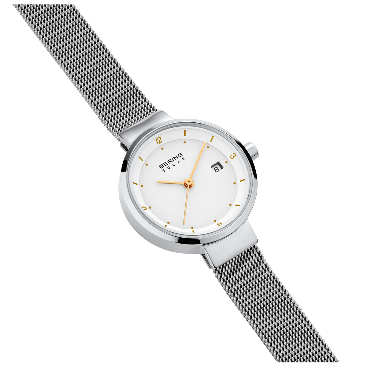 BERING watch model 14426 with white dial and metal mesh bracelet, photographed at angle
