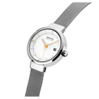 Round-face watch, white dial with orange hands, mesh stainless steel bracelet.