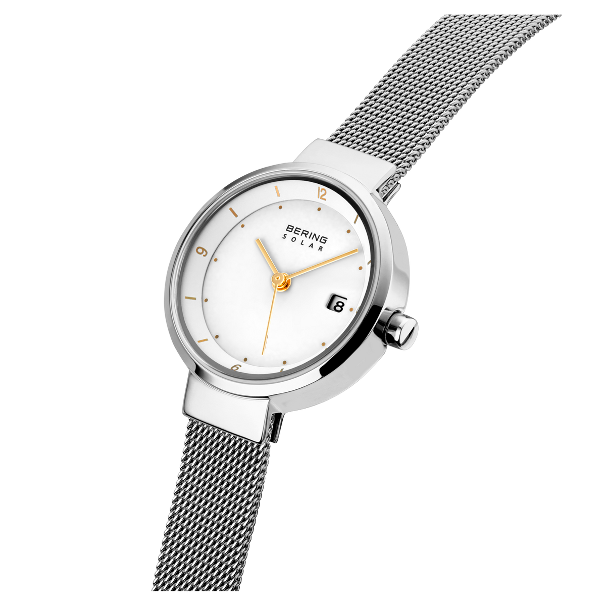 Round-face watch, white dial with orange hands, mesh stainless steel bracelet.
