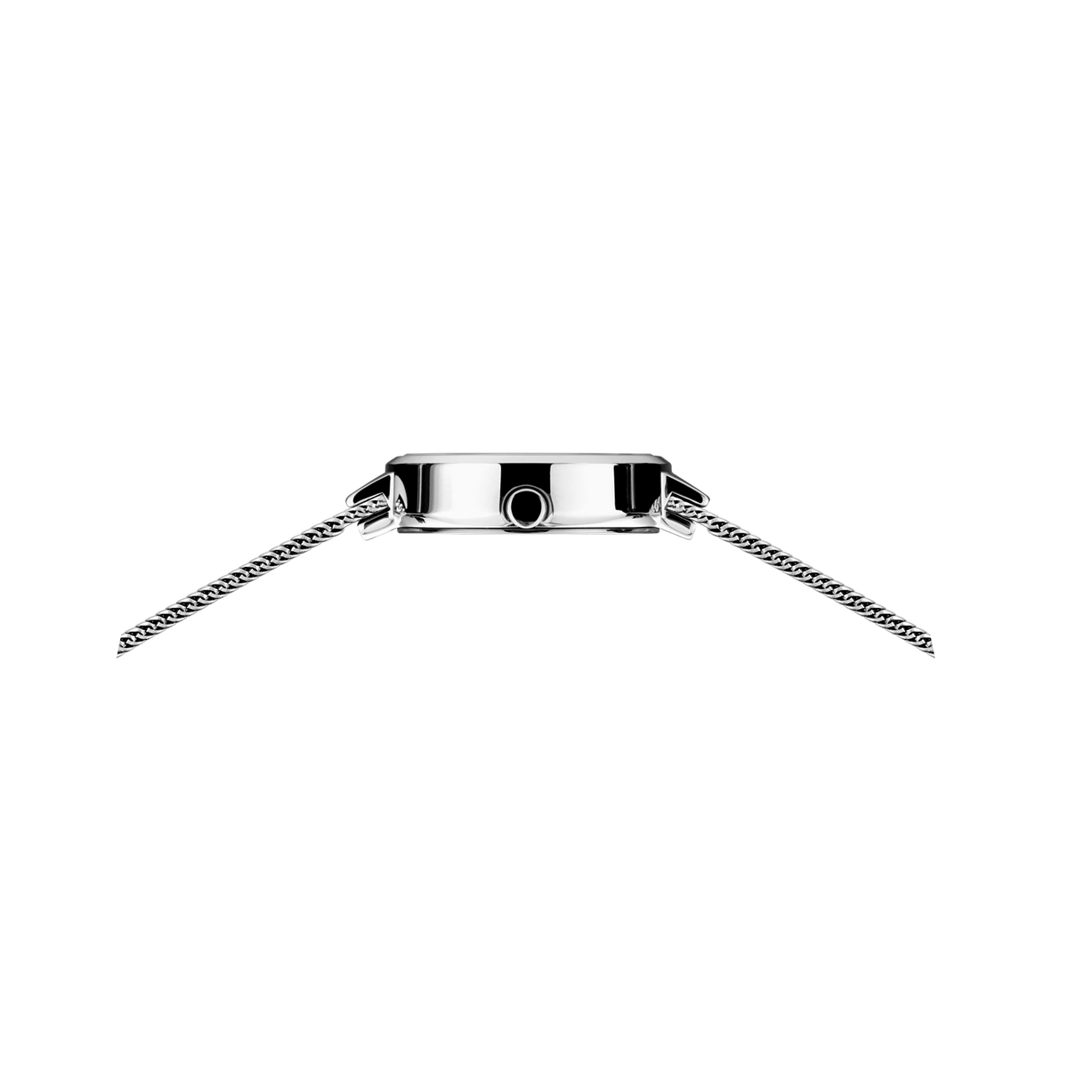 Stainless steel rectangular watch, top view showing white dial and extended metal chain bracelet.