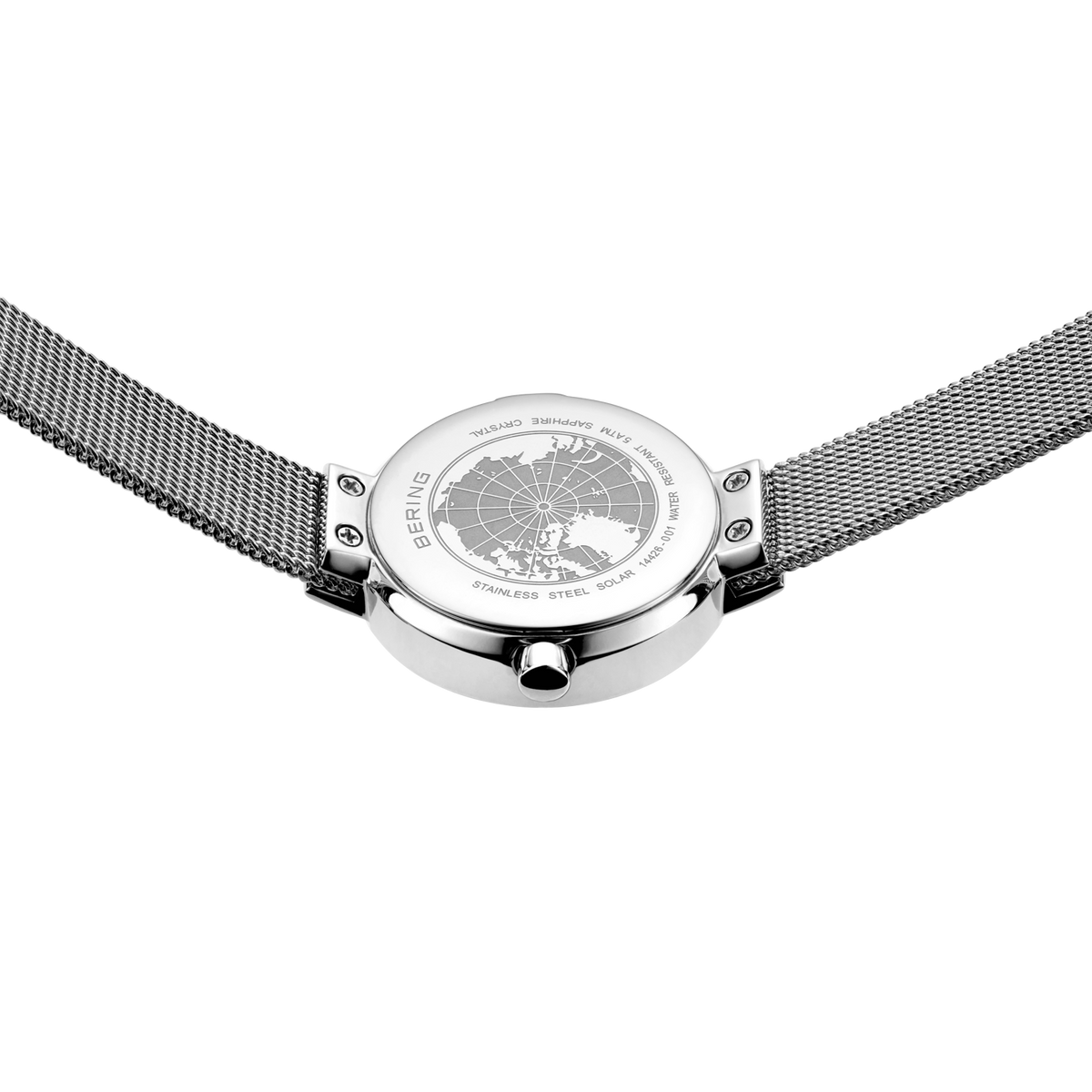 Wristwatch detail: round dial with world map design and gray mesh band