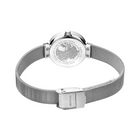 Watch with mesh metal band viewed from above, showing clasp and textured circular dial face