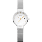 BERING Solar wristwatch with brushed silver case, white dial with orange hands, date window, and mesh strap