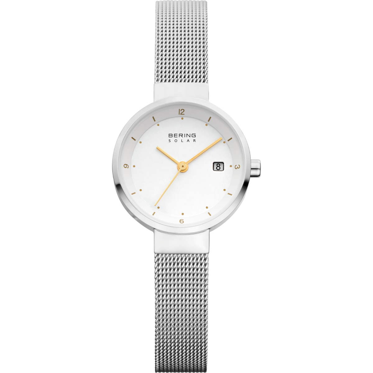 BERING Solar wristwatch with brushed silver case, white dial with orange hands, date window, and mesh strap