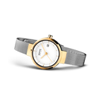 Goudkleurig horloge met witte wijzerplaat en roestvrijstalen mesh-band, van opzij afgebeeld