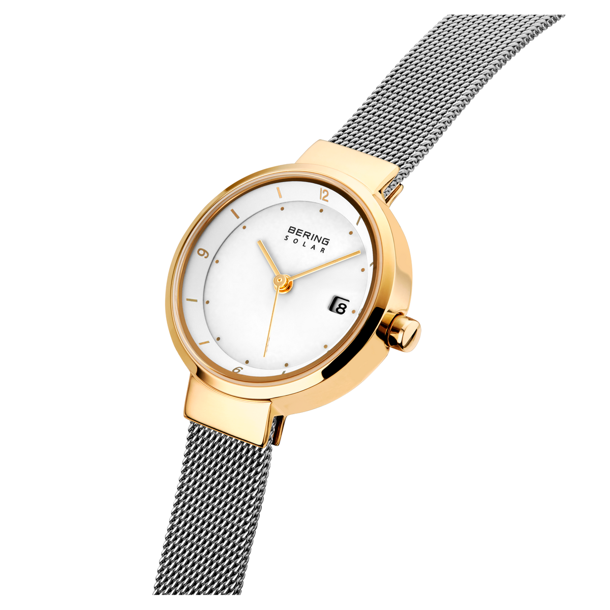 Goudkleurig horloge met rond kast, witte wijzerplaat en zwart mesh bandje, zijkant zicht