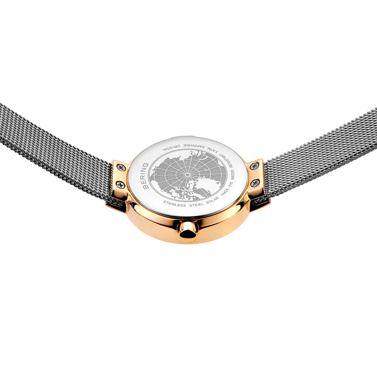 Horloge met rond wijzerplaat, roségouden kast en mesh-band, wit wijzerblad met wereldkaart