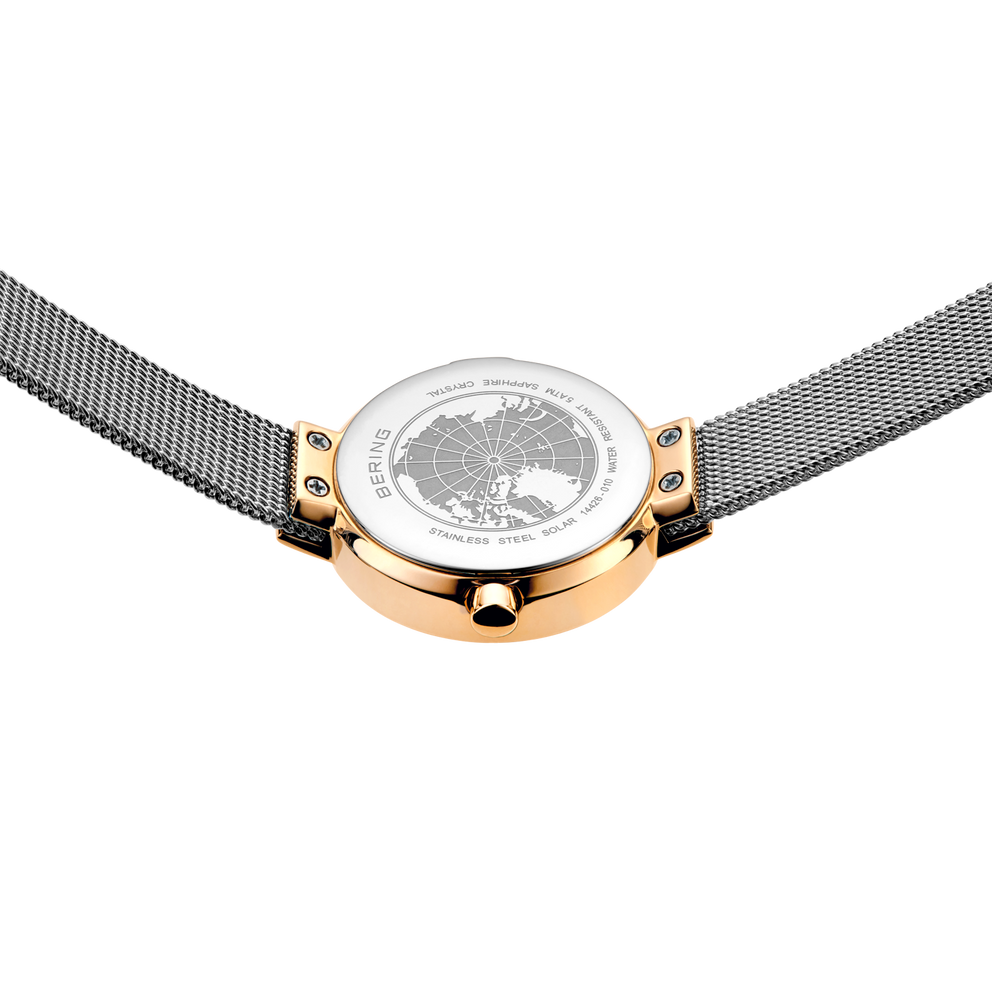 Horloge met rond wijzerplaat, roségouden kast en mesh-band, wit wijzerblad met wereldkaart