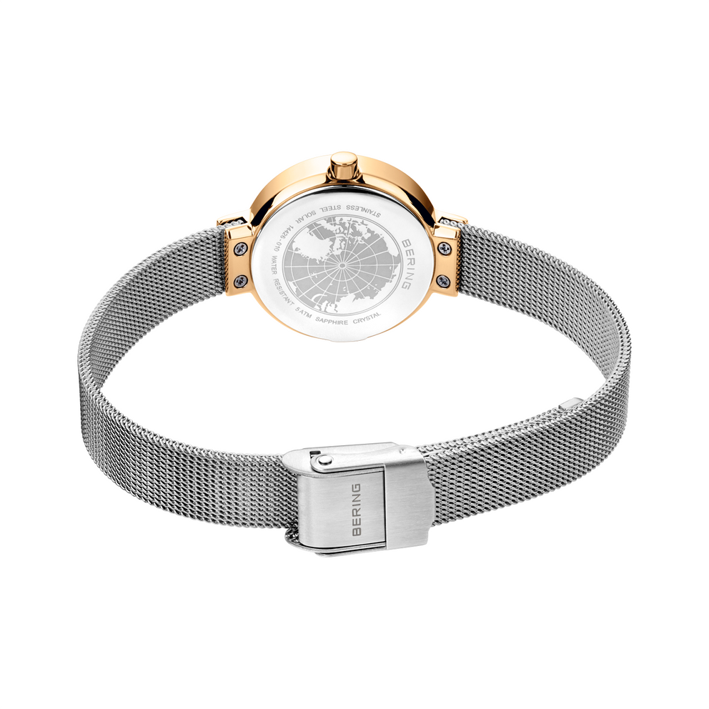 BERING horloge model 14426-010 met roségouden kast, wit wijzerplaat en grijs mesh-bandje, gefotografeerd van bovenaf.