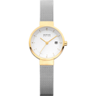 Horloge met wit wijzerplaat, goudkleurige kast en wijzers, BERING SOLAR-markering, datumvenster en zilveren mesh armband.
